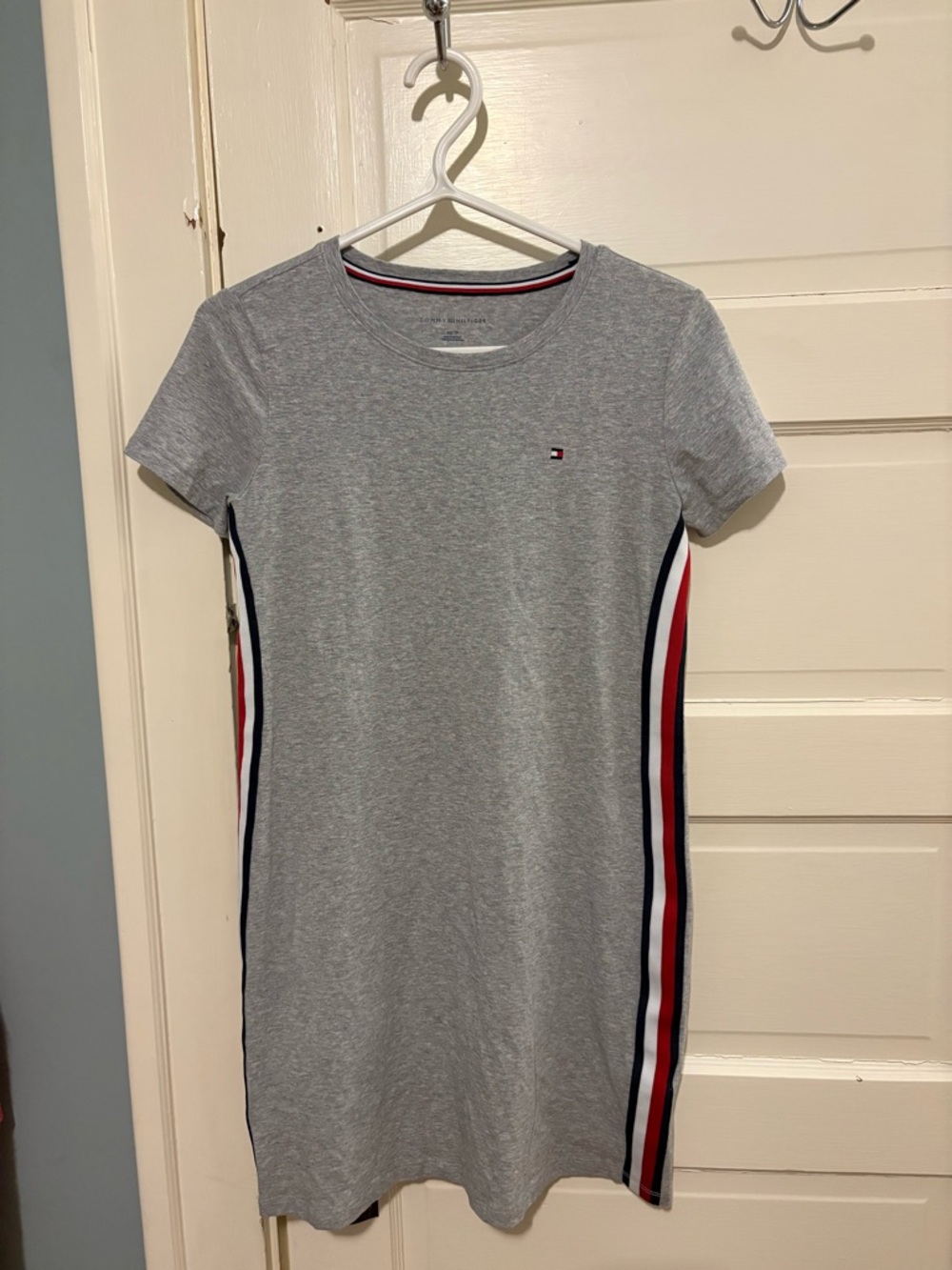 Tommy Hilfiger Gray Tee Dress with Red, White & Navy Side Stripes